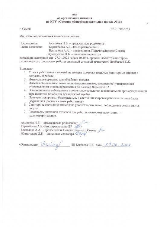 Акт организации питания от 27.01.2022