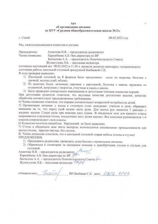 Акт организации питания от 08.02.2022