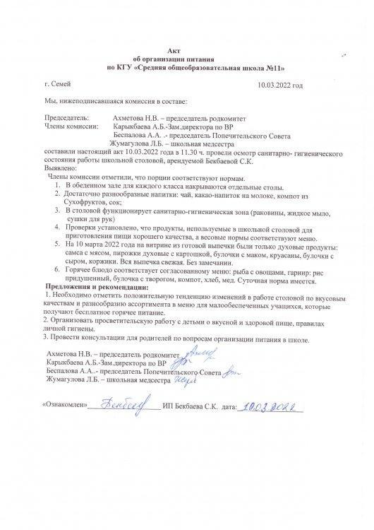 Акт организации питания от 10.03.2022