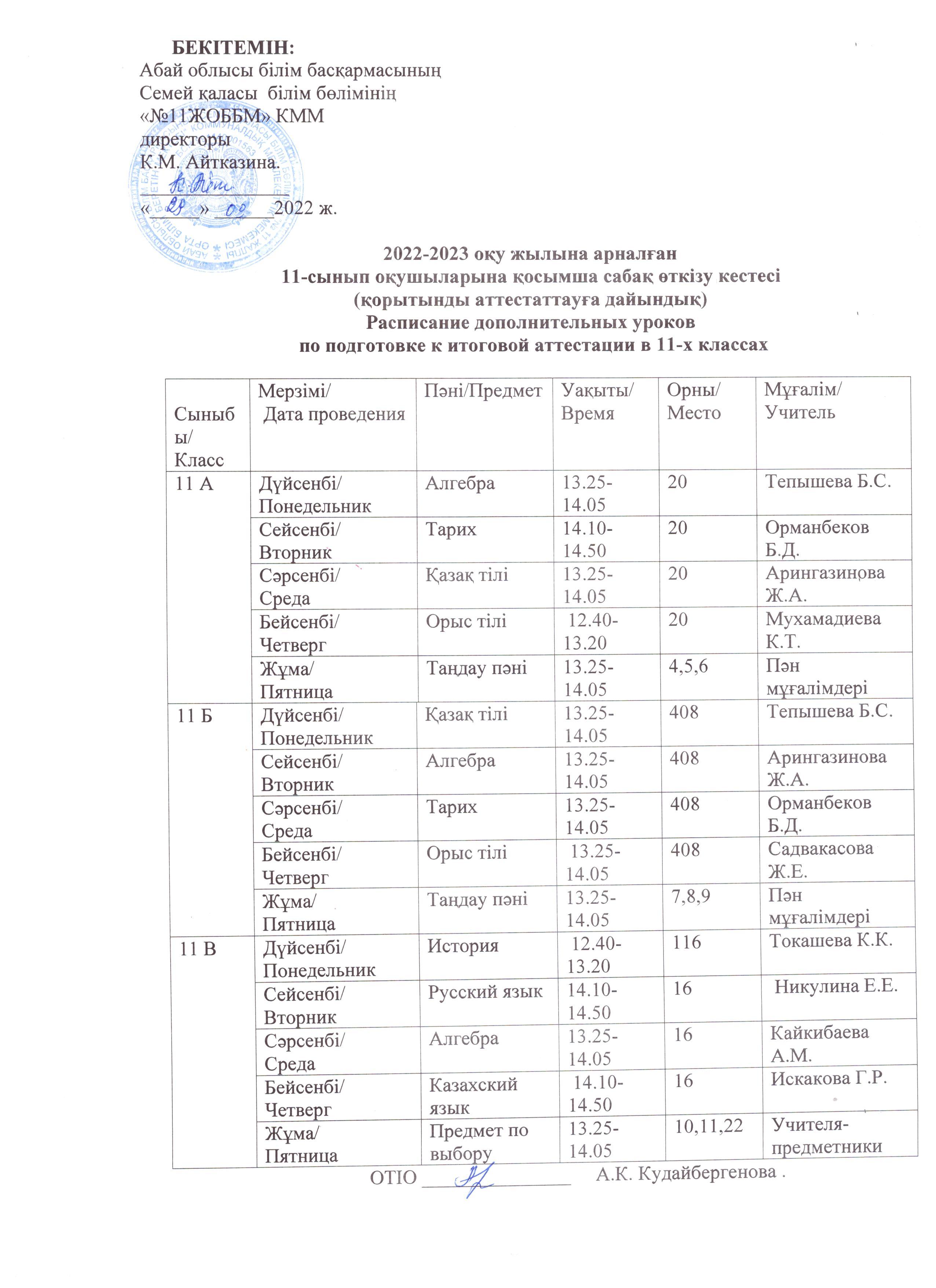 Расписание дополнительных уроков по подготовке к итоговой аттестации в 11 классах