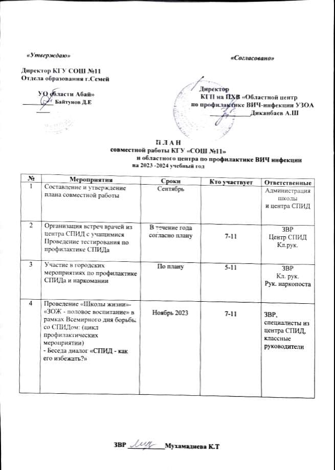 План совместной работы с областным центром по профилактике ВИЧ инфекции
