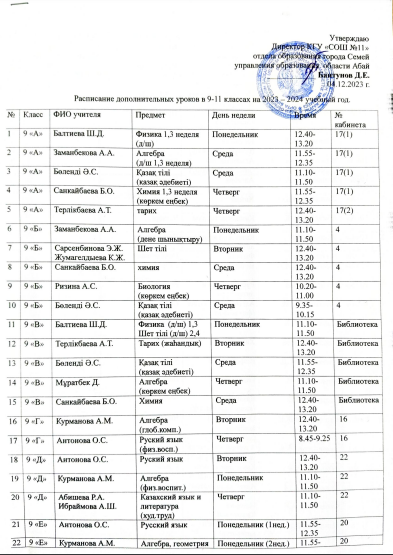 Расписание дополнительных уроков 9-10 классов
