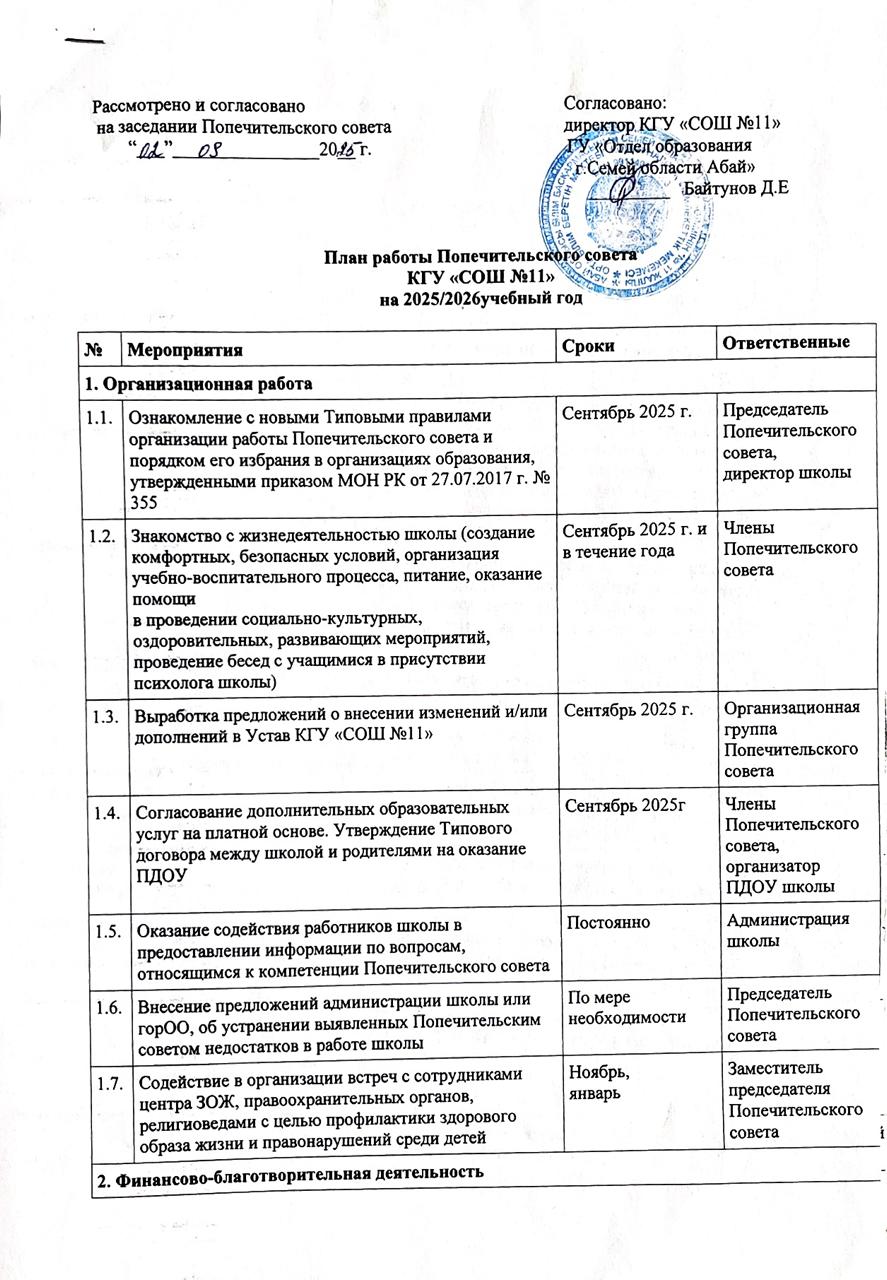 План работы Попечительского совета